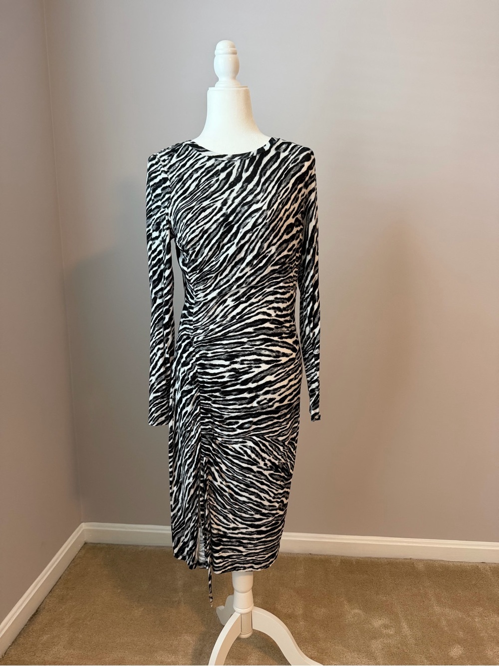 Michael Kors Black & White Zebra Print Long Sleeve Midi Dress